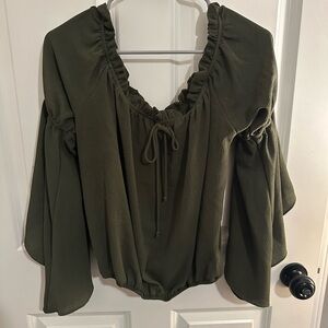 Olive Green Women's Top with Ruffle Detail